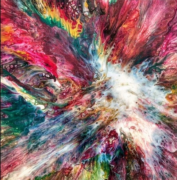 Red Flame Acrylic Fluid Painting by Adrian Reynolds, unique, abstract art.