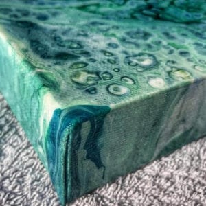 Sea Spray Acrylic Fluid Painting by Adrian Reynolds, unique, abstract art. Calming blue and green.