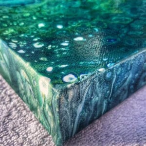 Sea Spray Acrylic Fluid Painting by Adrian Reynolds, unique, abstract art. Calming blue and green.