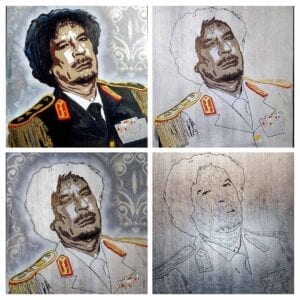 Artist Adrian Reynolds' painting of Muammar Muhammad Abu Minyar al-Gaddafi in the context of a Cult of Personality.