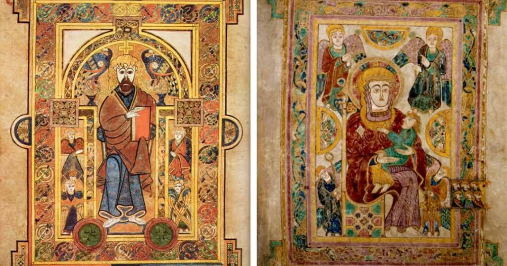 A picture of two pages from the the The Book of Kells.