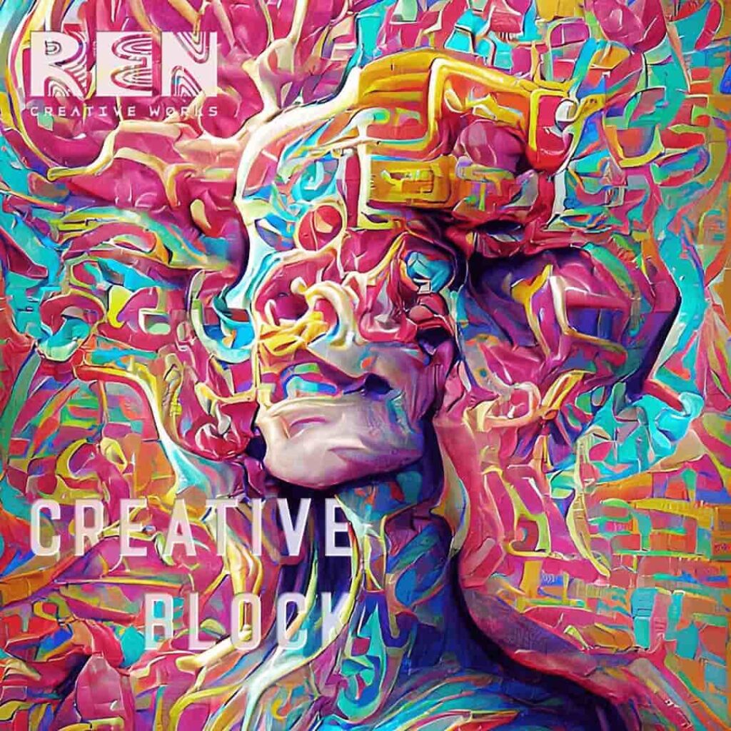 An artificial intelligence generated psychedelic illustration of a head for a blog post about what causes creative block. By Adrian Reynolds