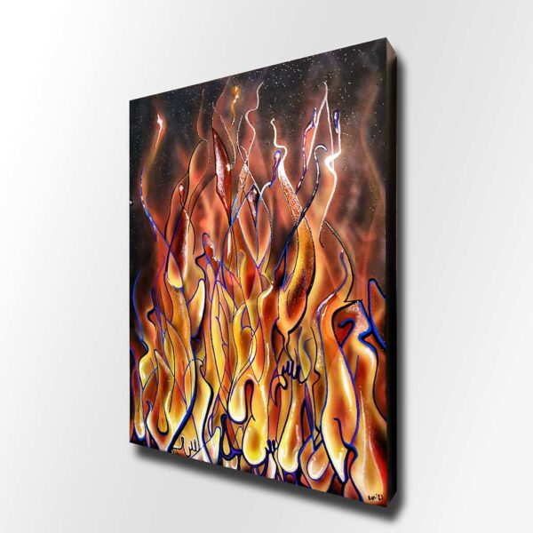 Pas D'axe De Feu (No Axis Of Fire) painting of flames on wooden panel by Adrian Reynolds