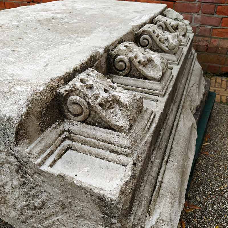 The beautiful and detailed masonry on the remnants of the Sir Arthur Edward Guinness grand residence in St. Anne's, Clontarf/Raheny, Dublin, is depicted in this image.