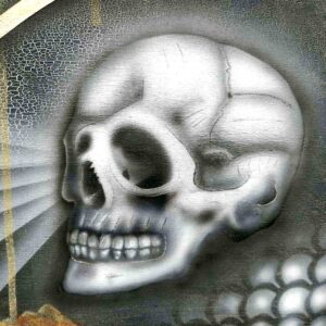 Adrian Reynolds' acrylic painting on a wooden panel, Rust in P-East, shows a close-up detail of an airbrushed skull.