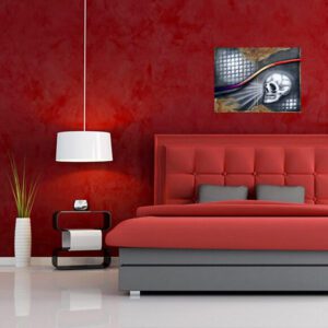 Adrian Reynolds' acrylic painting on a wooden panel, Rust in P-East, hanging in a bedroom.