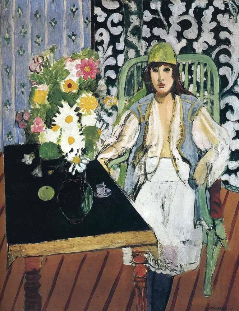 The Black Table (La Table Noire), created in 1919 by Henri Matisse in Post-Impressionism style, features a woman seated at a black table with a vase of flowers.