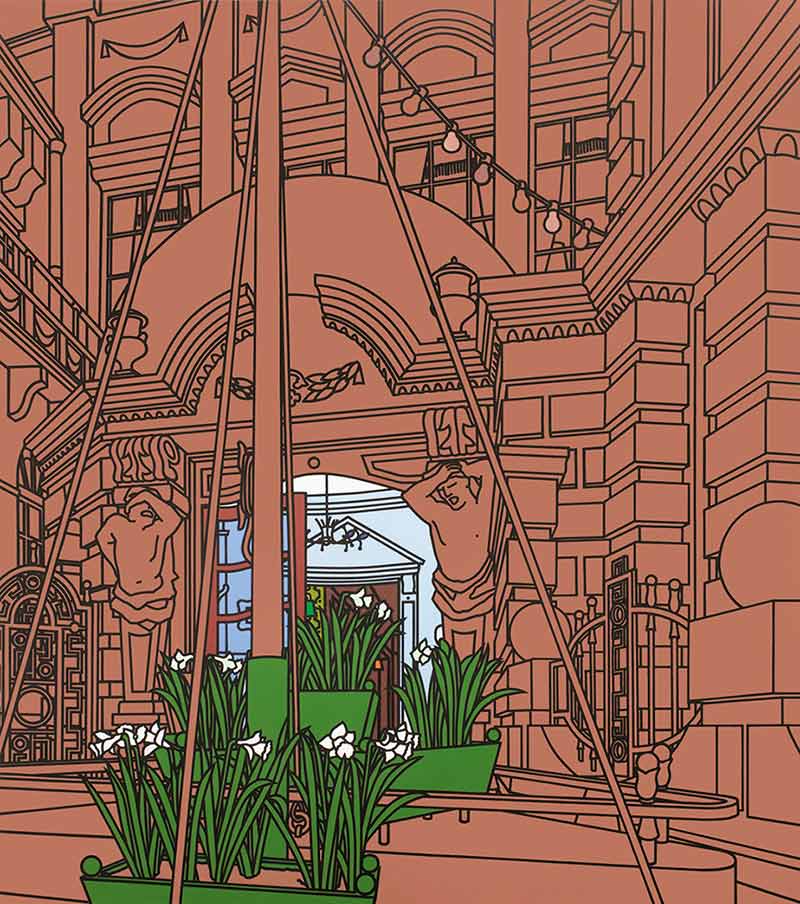 A painting by British painter Patrick Caulfield, Forecourt, depicts the outer courtyard of a historic house with a central daffodil planting. Caulfield is famous for his use of black descriptive lines and shadows.