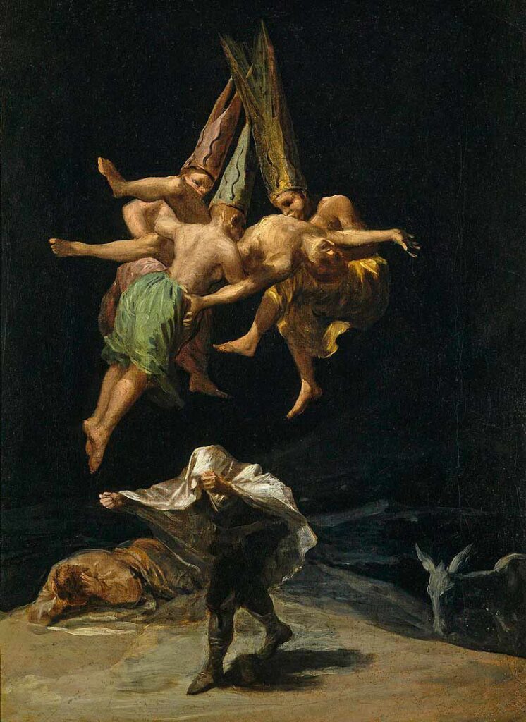 Witches' Flight by Francisco Goya is part of a sequence of six paintings about witchcraft, finished on a black background. In his later years, Goya produced fourteen paintings known as the Black Paintings.  