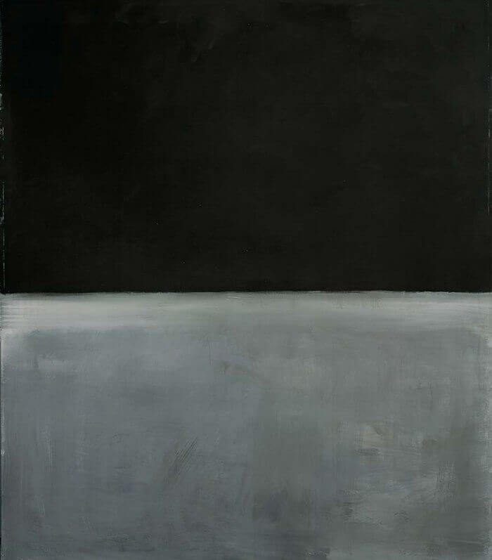 Mark Rothko painted Untitled (Black on Grey) in acrylic on canvas. It's a black and grey rectangle painting. There is an accumulation of tiny, translucent layers of bright and warm blacks.