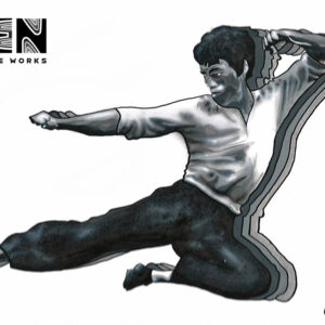 A dynamic portrait of martial arts legend Bruce Lee, painted by Adrian Reynolds,