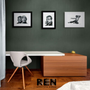 A dynamic portrait of the actor Oliver Reed, painted by Adrian Reynolds, hangs above a contemporary bedroom desk.
