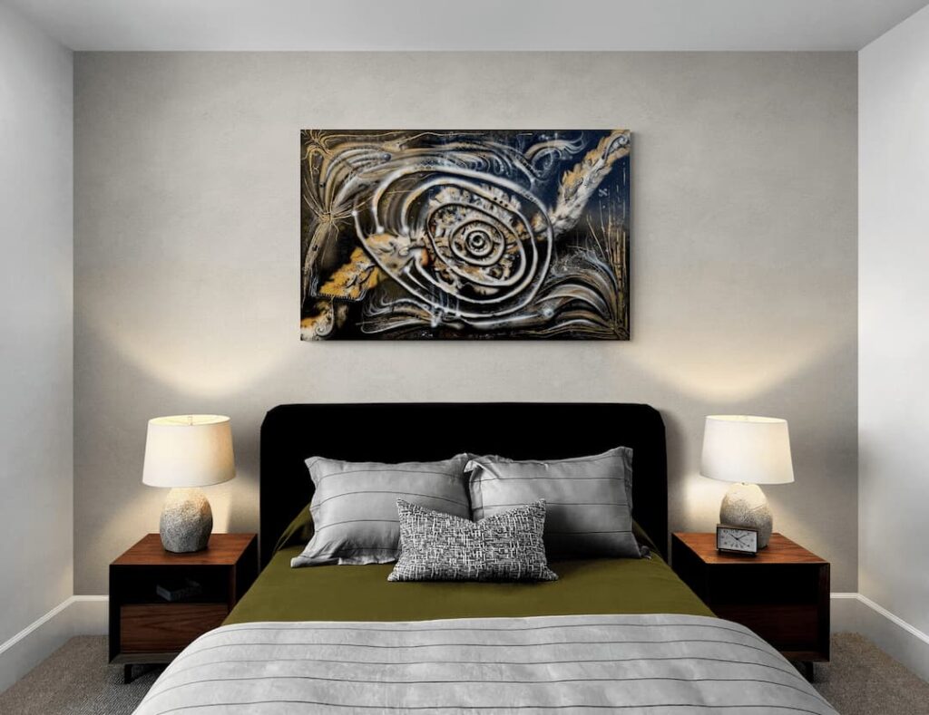 Relaxing bedroom retreat with side tables, lamps, and a unique piece of commissioned wall art by Adrian Reynolds.