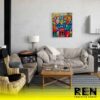 The Perception of Narrative Fine Art Painting by Adrian Reynolds hanging in a bright studio apartment-living room.