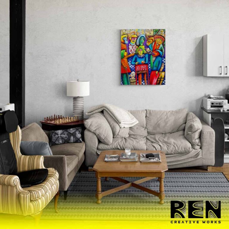 A vibrant conversation unfolds in "The Perception of Narrative," a fine art painting by Adrian Reynolds, hanging in a brightly lit studio apartment living room.