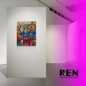 A captivating scene unfolds in "The Perception of Narrative," a fine art painting by Adrian Reynolds, showcased on an art gallery wall.
