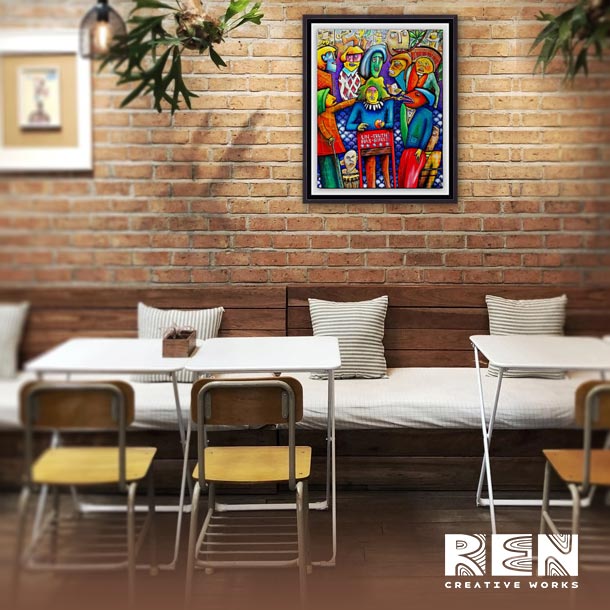 A colourful painting with intriguing characters comes alive in 'The Perception of Narrative' by Adrian Reynolds, a conversation starter on a restaurant wall.