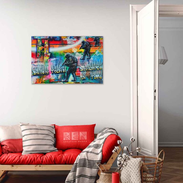 Abstract artwork 'Bullets Travel Distance & Time' by Adrian Reynolds hangs on a wall in a peaceful living room, sparking conversation and contemplation.