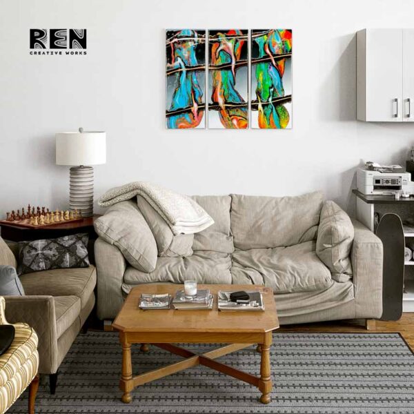 Abstract artwork 'Mono to Chromatic Convergence' by Adrian Reynolds hangs on a wall in an apartment.