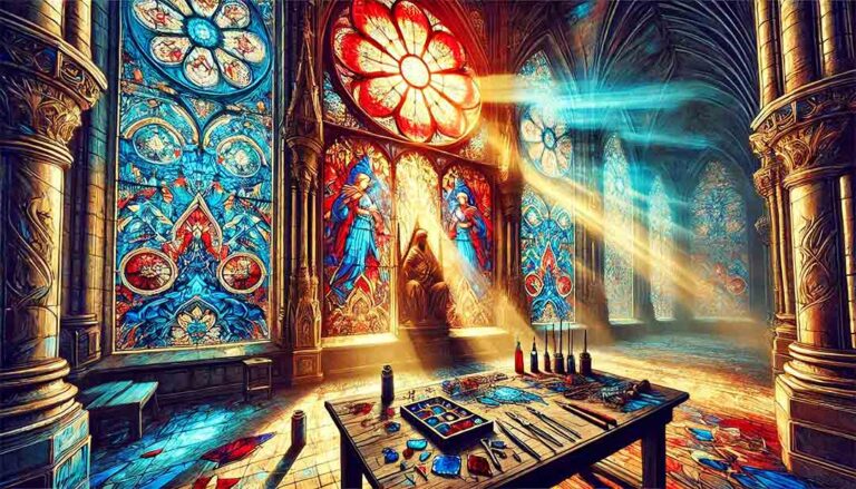 A captivating illustration showcasing a vibrant and intricate stained glass window,
