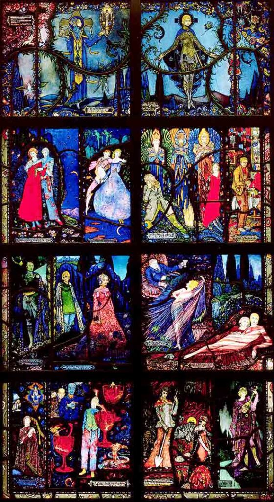 Stained glass art by Harry Clarke – The Geneva Window, featuring eight panels depicting scenes from early Irish literature.